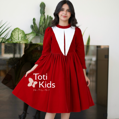 صورة فستان بناتي مخمل أحمر بياقة كشكش | تصميم شتوي كلاسيكي - 1117